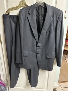 44r Jacket Botany 500 USA 80s 70s Virgin Wool Suit Gray Blue Striped Pants 39x29